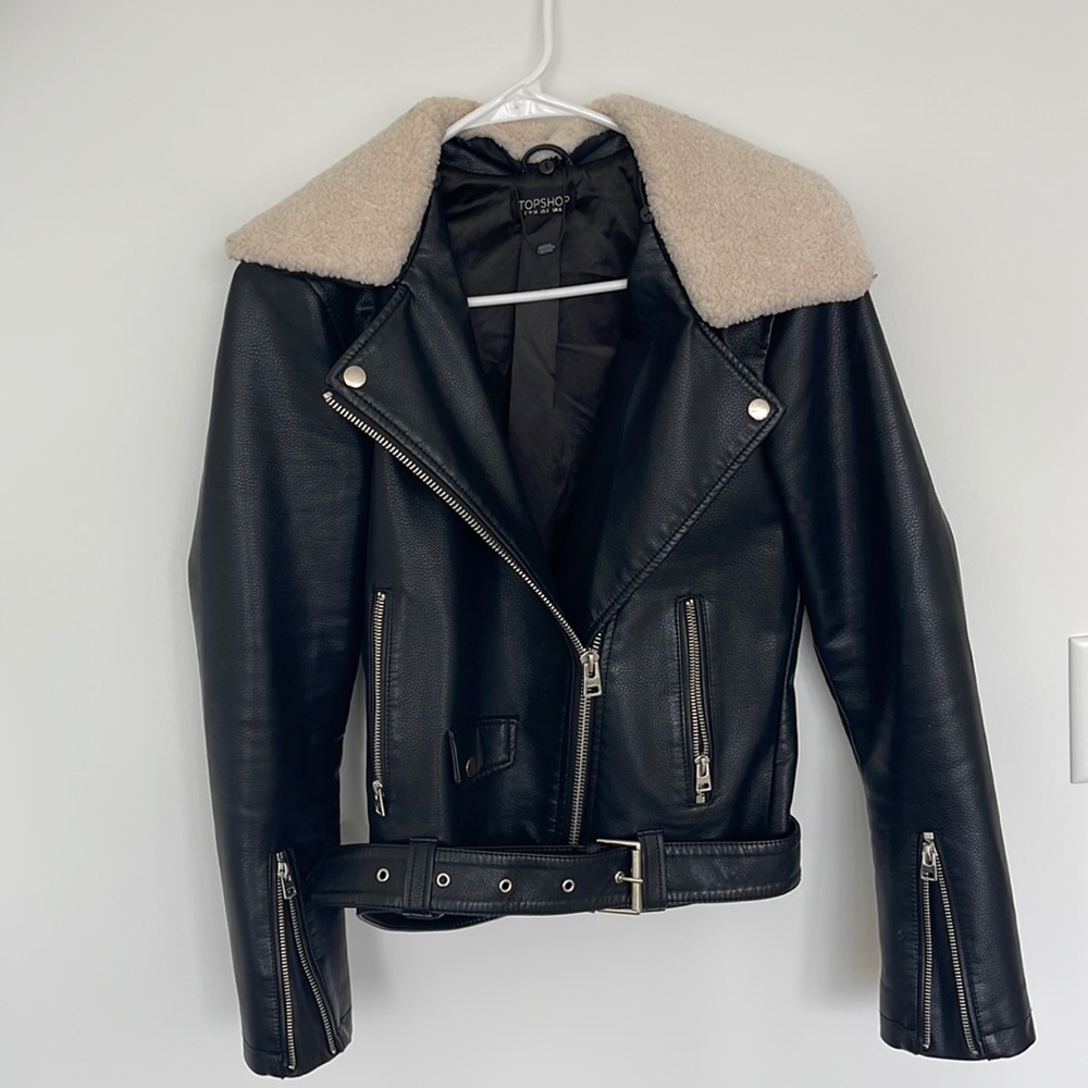 Topshop Leather Jacket with Sherpa Collar